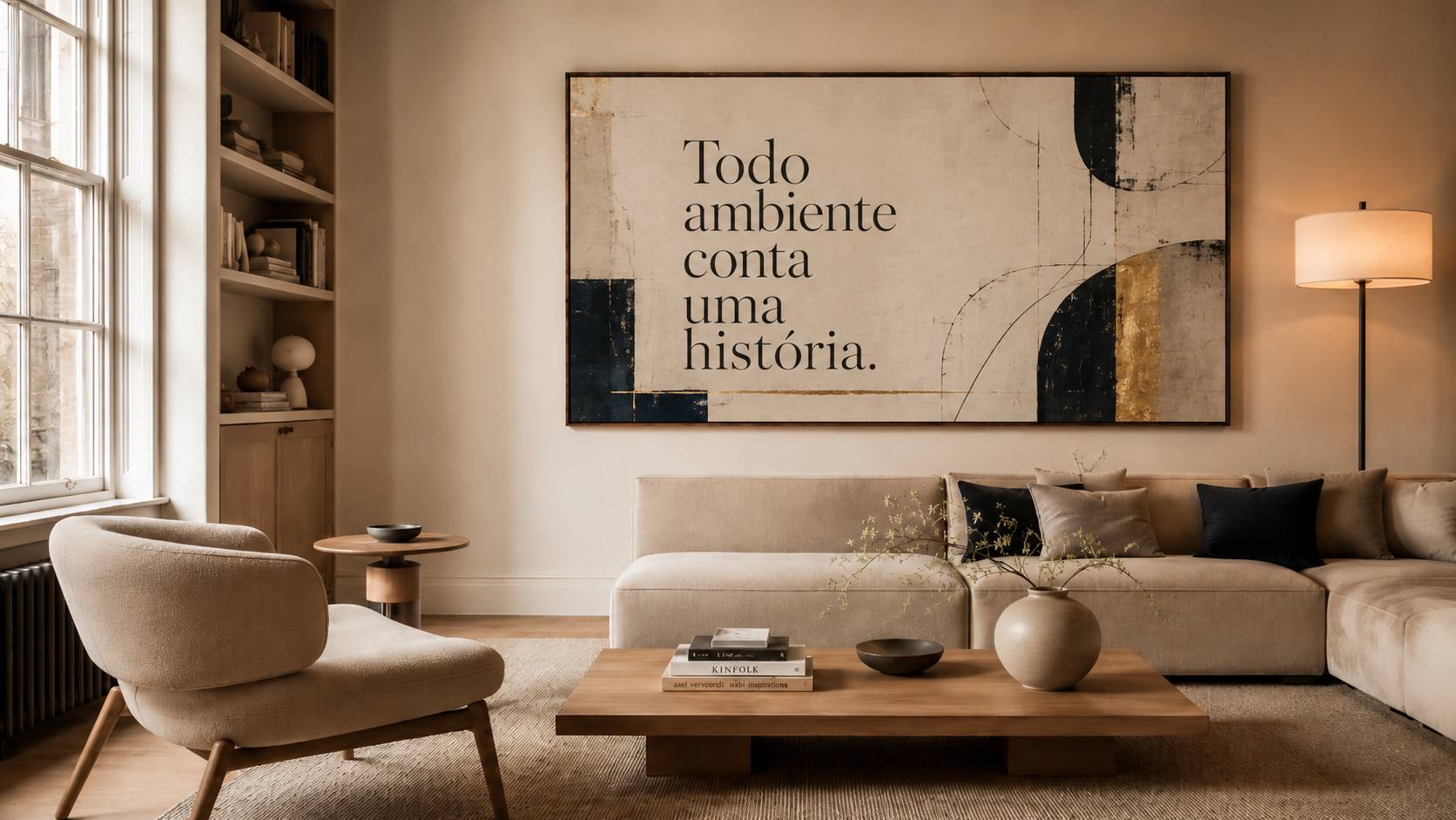 Sala de jantar contemplativa com grande obra de arte na parede