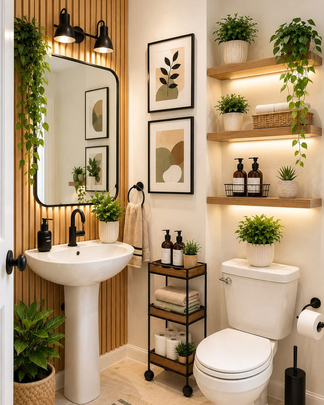 Lavabo com espelho e acabamento decorativo