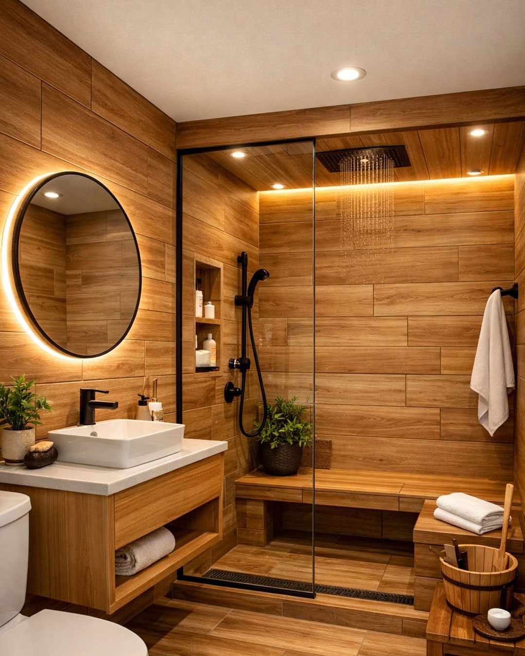 Lavabo com espelho e acabamento decorativo