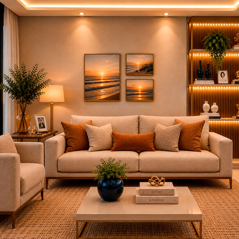 Sala de estar com iluminação dourada, grande quadro na parede e mobiliário sofisticado
