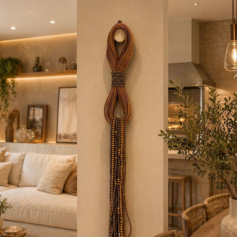 Sala de estar com iluminação dourada, grande quadro na parede e mobiliário sofisticado
