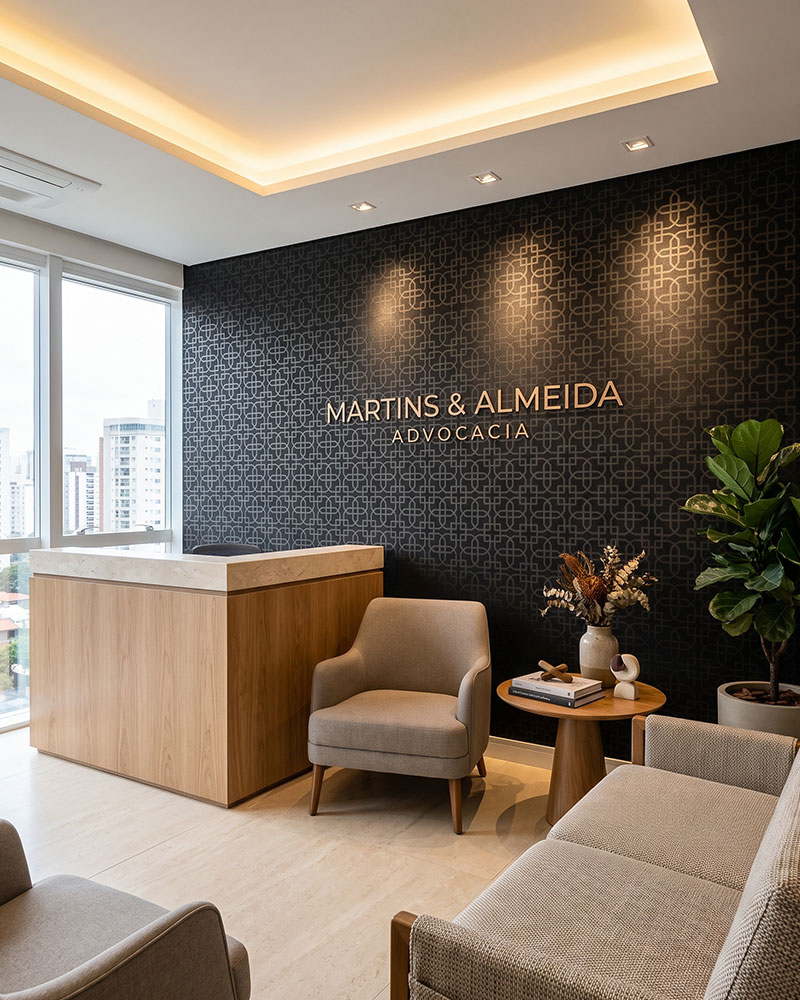 Sala de estar com iluminação dourada, grande quadro na parede e mobiliário sofisticado